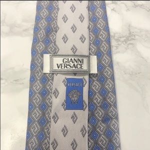 Versace Blue Grey Checkered Greek Key Print Tie